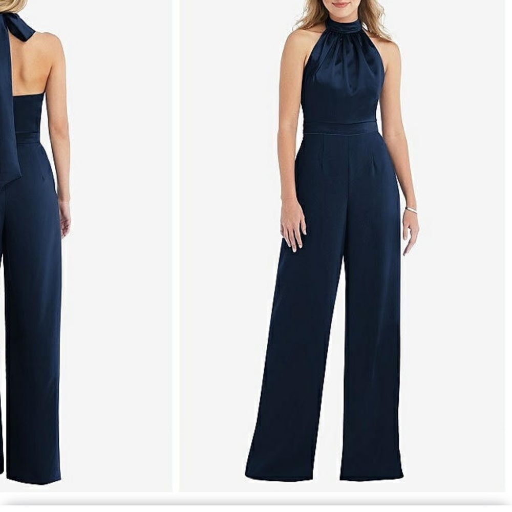 HIGH-NECK OPEN-BACK JUMPSUIT WITH SCARF TIE IN MIDNIGHT NAVY & MIDNIGHT NAVY